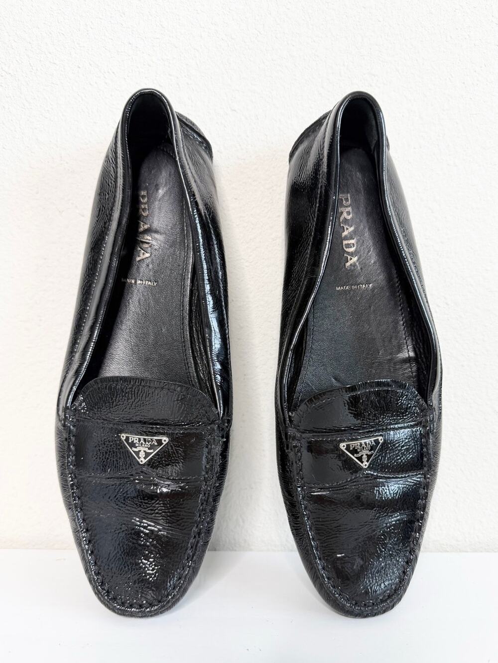 Prada Black Patent Leather Logo Driving Loafers Moccasins Flats Women’s EU 40